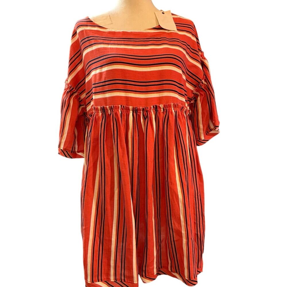 Easel Los Angeles NWT Striped Babydoll Mini Dress Large Boho Rust Orange